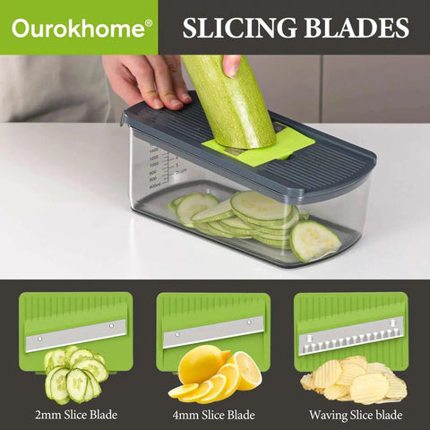 Mandolin Slicer For Kitchen 6 In 1 With 6 Razor Sharp Blades And Expanded Hand Guard Veggie Shredder in use with zucchini.