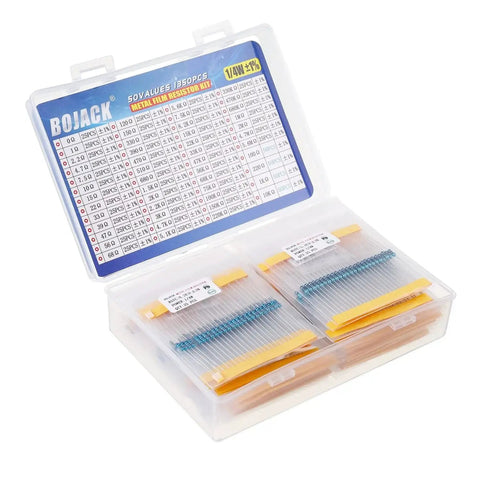 Front view of BOJACK resistor kit in a clear two-compartment case; blue metal-film resistors, 0Ω–5.6MΩ, 1% 1/4W