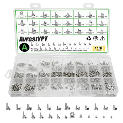 Image of a 304 Stainless Steel Metric Micro Screws And Nuts Set 1110 Pcs Assortment M1 To M2.5 Phillips Pan Head Fully Threaded in a compartmentalized case.
