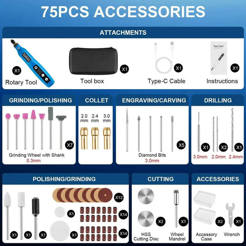 Cordless Rotary Tool Kit With 75 Accessories For Engraving Sanding Polishing Drilling And Grinding 5 Variable Speeds Three Point Seven Volt Type C Charging Ideal Diy Craft Power Tool For Wood Metal Plastic Glass, including rotary tool, accessories, and storage case.