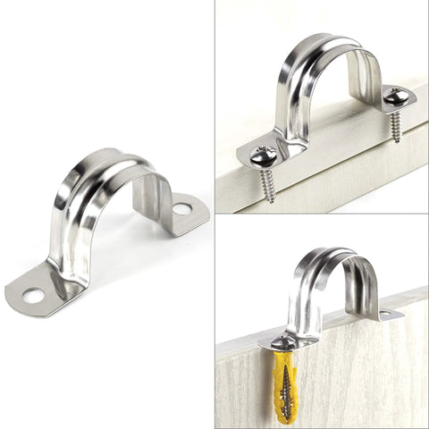 Stainless steel pipe strap clamp, 1-1/2 in, heavy-duty U bracket with mounting holes, collage view