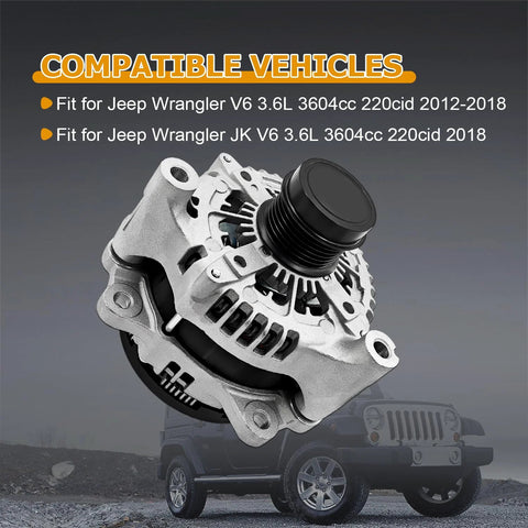 High Output 300 Amp Alternator Replacement For Jeep Wrangler JK 3.6L V6 2012 Through 2018 Drop In Install With OE Style Fit And 421000 0810 68078950AA Compatibility, front view with Jeep image