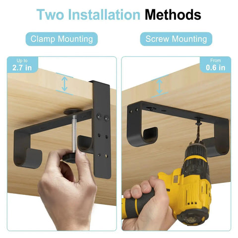 Two installation methods for 2 In 1 Under Desk Cable Management Tray And Privacy Panel With Dual Sided Felt Cord Organizer; clamp and screw mount shown.