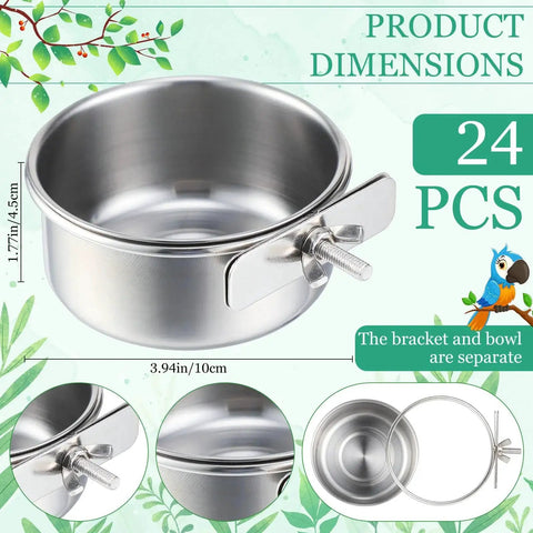 Stainless Steel Bird Bowls 10 Oz 24 Pack With Clamps for cage feeding, 3.94 in diameter and 1.77 in height, with separate bowl and bracket