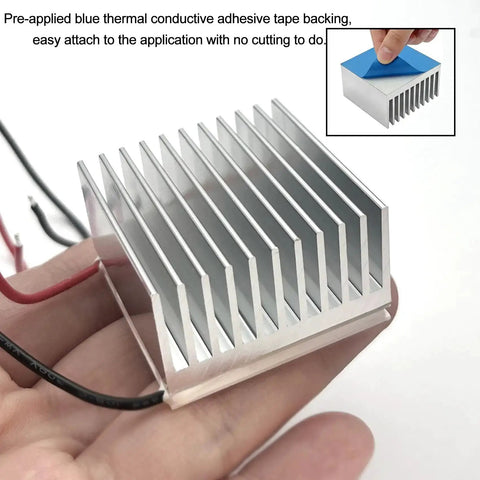 Beefed-Up Set Of Four 40mm Aluminum Heatsinks With Pre-Applied Thermal Conductive Tape shown in hand, highlighting 40mm x 40mm x 20mm size.