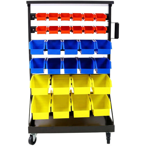 Front view of 6-Tier Dual-Sided Rolling Bin Rack with colorful plastic bins, heavy-duty steel frame, 350 lbs capacity, on casters.