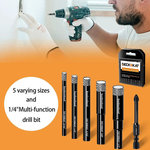 Man using a drill with DECKRKAT 7 Piece Dry Diamond Drill Bit Set For Tile And Masonry in various sizes and packaging visible.