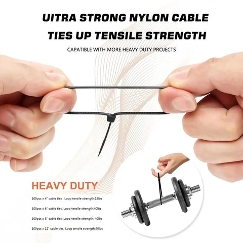 Heavy Duty 400 Pack Assorted Black Cable Ties Kit demonstrating tensile strength with nylon self-locking design for cord management.