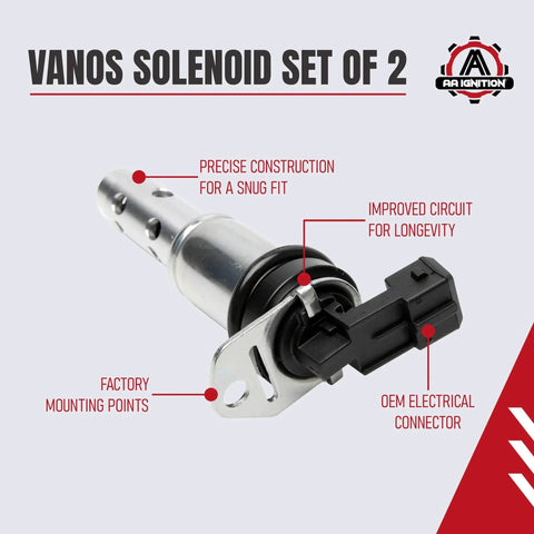 Close-up of Vanos Solenoid Oil Control Valve Set Two Pack For BMW Engine Timing Replacement with connector and mounting points.