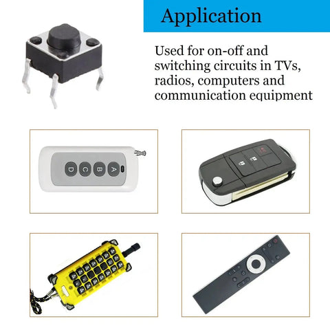 Application examples for 180-Piece Tactile Push Button Switch Kit With 10 Value Sizes in electronics like remotes and panels.