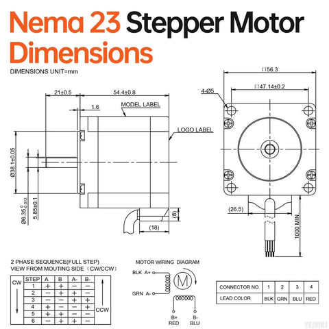 Diagram of High Torque Nema 23 Stepper Motor Kit Pack Three Units 1.8 Degree 2 Phase Bipolar showing dimensions and wiring setup.