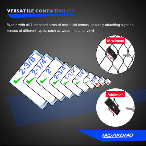 Image showing compatibility of 20 Piece Fence Sign Mount Kit For Chain Link Fences with different chain link sizes.