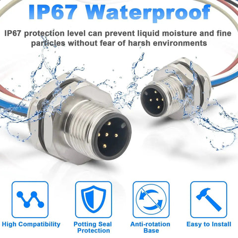 M12 Rugged 5 Pin A Code Male Connector Cable Back Mount IP67 Waterproof Unshielded Straight Aviation Socket