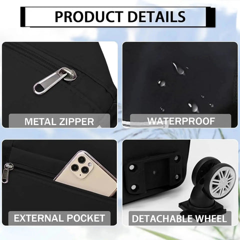 Close-up of rolling duffle bag features: metal zipper, waterproof fabric, external pocket with phone, detachable wheel.