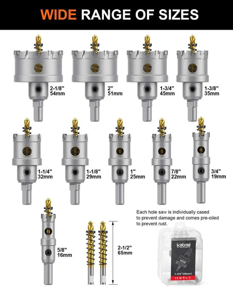 12 Piece Tungsten Carbide Tipped Hole Saw Kit For Hard Metals 5/8 To 2-1/8 Inches 2/5 Inch Shank wide range of sizes displayed