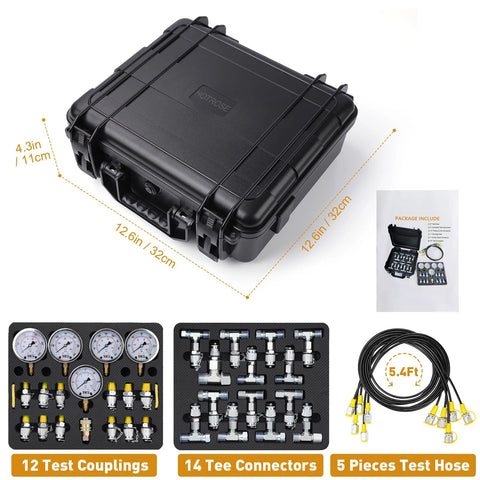 HOTROSE hydraulic test kit in a black hard case; 12 couplings, 14 tee connectors, 5 hoses, gauge set.