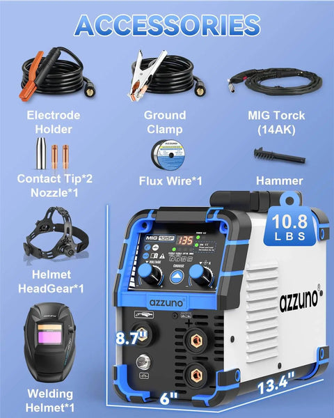 3 In 1 MIG TIG Stick Welder 135A 110V Flux Core Gasless Portable Wire Feed Welder With Auto Darkening Helmet and accessories