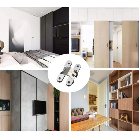 Two Pack 1.77 Inch Hidden Cross Hinges Concealed Swing Hinges for cabinets and cupboards, shown installed in various settings.
