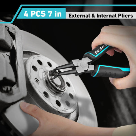 Heavy Duty Snap Ring Pliers Set Four Piece, Seven Inch Internal And External Circlip Pliers Kit with straight jaw in use