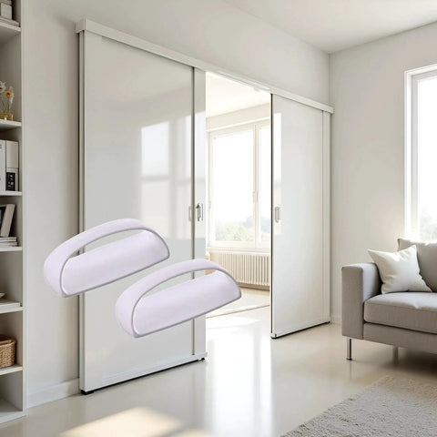 Two Pack White Adhesive Handles in a living room installed on sliding doors, showcasing no drill self stick design for glass or smooth surfaces.
