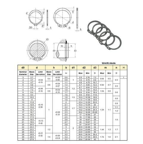 Technical diagram and size chart of External Retaining Ring Kit With 320 Pieces In 15 Metric Sizes From 4mm To 28mm C Clips Assortment