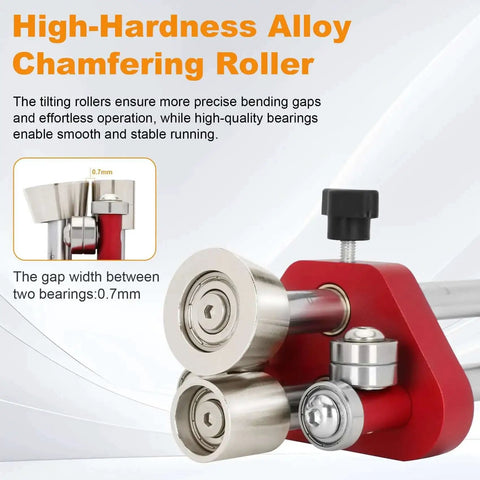 High-hardness alloy chamfering roller with 0.7mm gap, featuring tilting rollers and smooth operation bearings.