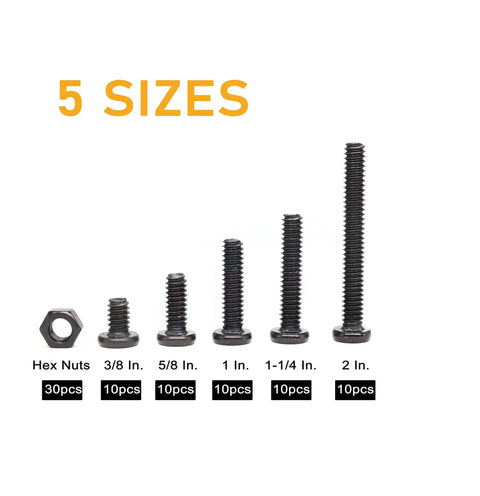 "Grab This Handy Black 1/4-20 Hex Socket Cap Screw And Nut Kit For Furniture Repairs, Includes 50 Screws, 30 Nuts, Allen Key, Great For Beds Tables Chairs Cribs, With 3/8, 5/8, 1, 1-1/4, 2 Inch Lengths" showing screws and nuts in 5 sizes.