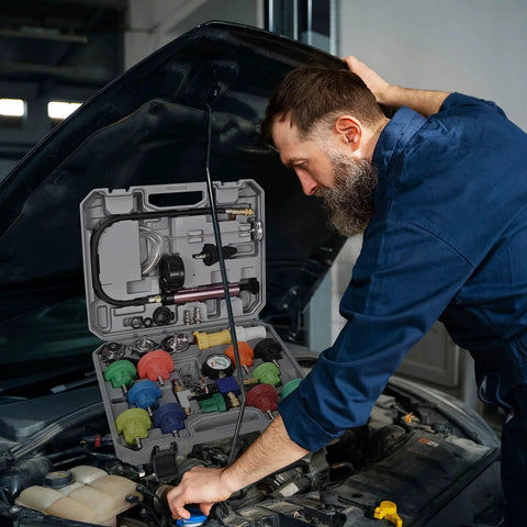 Mechanic using Pro Grade All In One 25 Piece Coolant Pressure Tester Kit With Vacuum Purge And Refill Tool on an open car hood