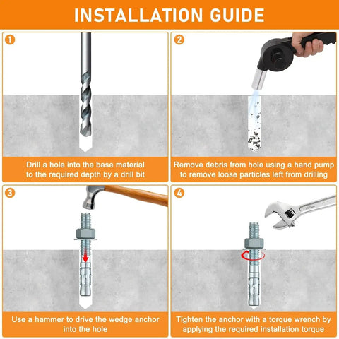 Installation guide for Three Eighths Inch Diameter Wedge Anchors Set, Three And Three Quarters Inch Length, Eight Pack in cement.