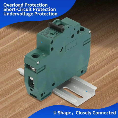DC 1 Pole Miniature Circuit Breaker For Solar Panel 250V 20A With Instant Trip DIN Rail Mount, green breaker on wood surface.