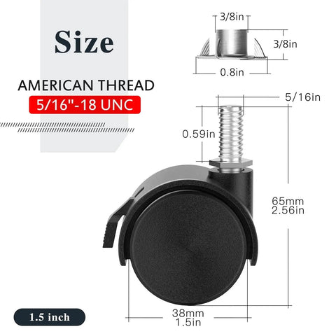 1.5 Inch Nylon Swivel Caster Wheels Set Of 4 With 5/16 Inch Threaded Stem, Locking Furniture Casters, Size Diagram