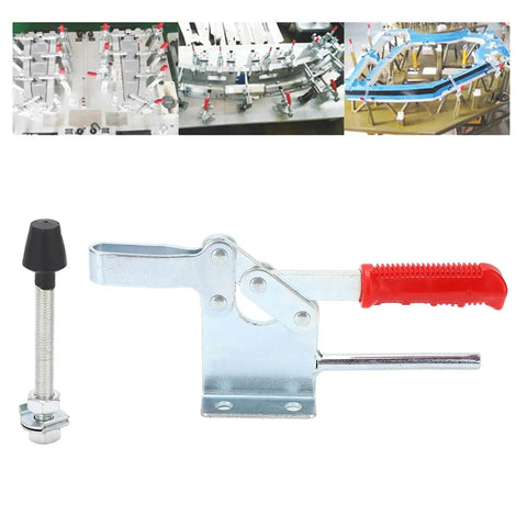 Beefy Heavy Duty Toggle Clamp With 881 Lb Holding Capacity And 220W Quick Release For Woodworking Jigs And Fixtures And Welding Projects Featuring Anti Slip Rubber Pressure Tip For Stable Fast Clamping, shown with metal and red handle, detached anti-slip tip.