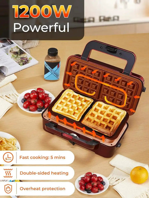 3-In-1 Sandwich And Waffle Maker With Removable Nonstick Plates, 1200W Panini Press, open with cooked waffles