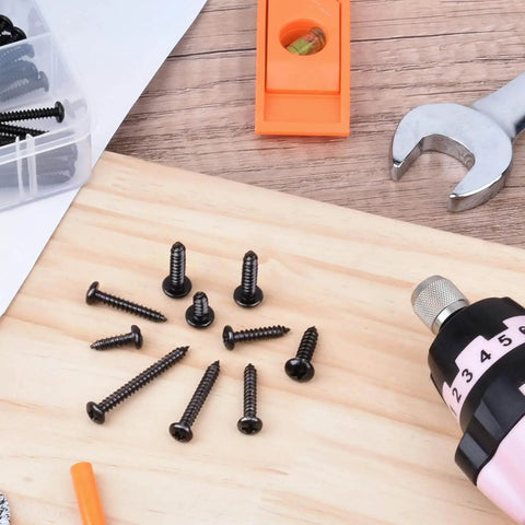 Over Four Hundred Piece Stainless Steel Black Wood Screws Set With Phillips Pan Head Self Tapping Coarse Thread scattered on wood
