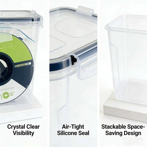 Filament Storage Box 4 Pack 4.0L Waterproof Dust Proof Container showing crystal clear view, silicone seal, stackable design