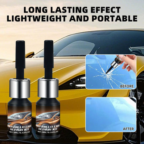 Close-up of DIY Windshield Repair Kit for Chips and Cracks That Stops Spreading in Minutes Great for Bullseye and Star Break with two bottles.
