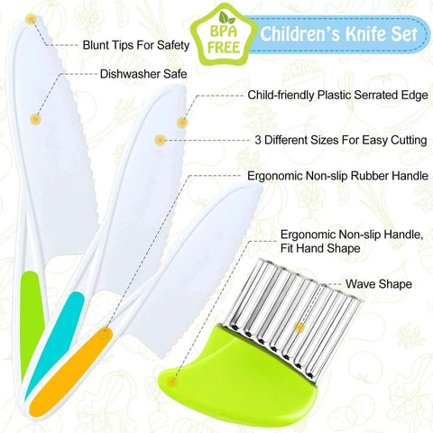 Kids Kitchen Knife Set With Crinkle Cutter Four Pack Kid Friendly Plastic Toddler Knives Serrated Edges Safe For Real Cooking