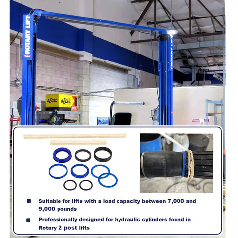 Blue rotary lift with heavy duty hydraulic cylinder seal kit suitable for 7k-9k lb capacity and hydraulic cylinders.