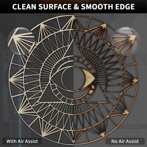 Comparison of laser cut design with and without air assist, showing clean cut on one side using High Performance Air Assist Pump For Laser Cutters 0 To 50 L Per Minute Boosts Deep Cuts And Faster Engraving For Ortur Laser Master 3 And Laser Master 2 Pro LF LU2 4 LF LU2 10A LU3 20A With Laser Module Protection And Cleaner Smoother Cuts.