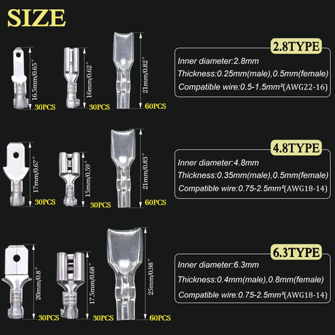 Twidec 360-piece 2.8/4.8/6.3mm quick-splice male/female wire spade crimp terminals with insulating sleeves