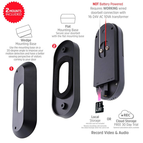 1080P Wired Video Doorbell rear view with mounting base options and microSD slot, requires existing doorbell wires, not battery powered.