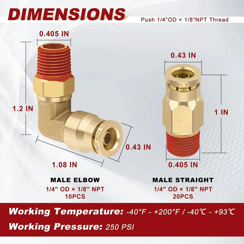 Brass Push To Connect Air Fittings Kit One Quarter Inch Straight And Ninety Degree Elbow Combo DOT Approved 250 PSI dimensions diagram