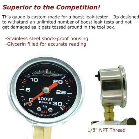 Gauge face of 4 Inch Turbo Boost Leak Tester And Leak Detector With 6061 Billet Aluminum Body 30 PSI Rating