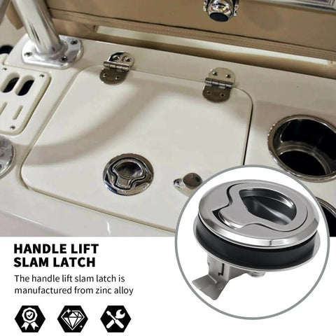 4 Pack 1.5 Inch Handle Lift Slam Latch And Flush Pull Latch With Keyless Locking For Marine Hatches, zinc alloy construction shown on hatch