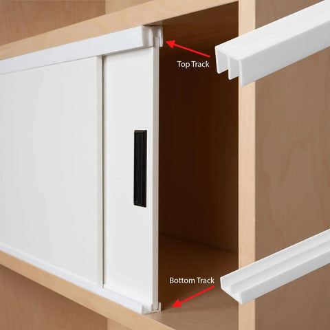 1/4 Inch Panel Sliding Door Track Kit With 48 Inch White Plastic Upper And Lower Tracks Pack Of 2 USA Made All Inclusive System installed on wood cabinet