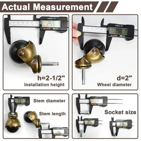 Brass Vintage 2 Inch Ball Caster Set Of 4 With 5/16 Inch By 1-1/2 Inch Stem For Furniture Cabinets Sofas And Chairs shown with measurements