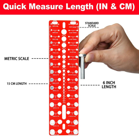 Nut And Bolt Thread Checker Kit With 49 Pieces 15 Metric And 15 Standard Sizes 19 Drill Gauges showing measurement scales and a bolt