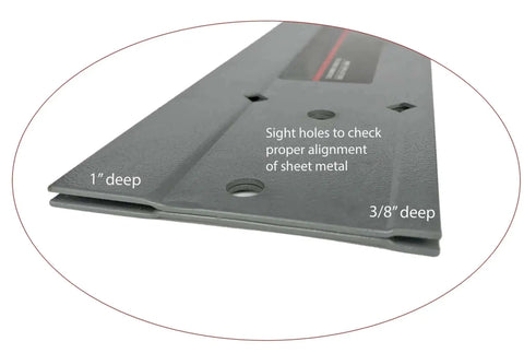 Close-up of 12 Inch Duct Folding Channel Tool for precise three eighths inch and one inch uniform bends in sheet metal, heavy duty steel.