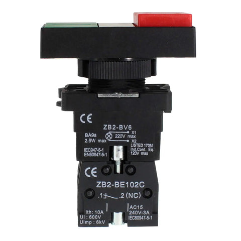 Double Head Push Button With Signal Lamp For On Off Start Stop Control in industrial equipment, black heavy-duty switch, vertical view.