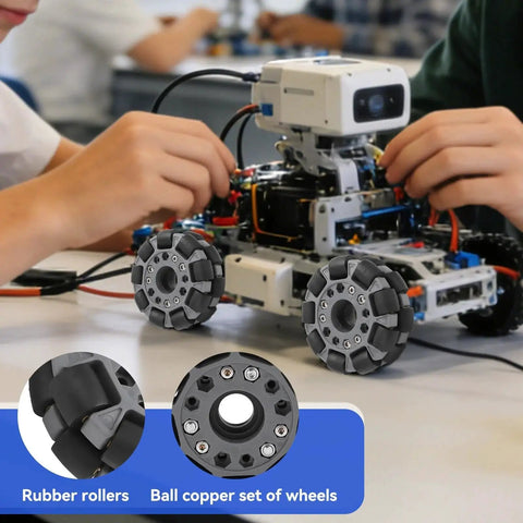 100mm Omnidirectional Wheel for robot platform with dual plastic wheel set and rubber rollers, installed on RC robot project.